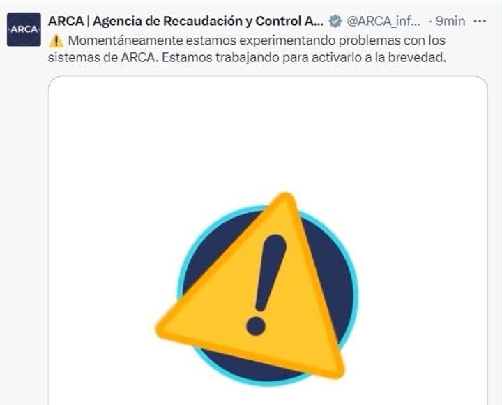 Alerta oficial de ARCA en X (Twitter) sobre problemas en sus sistemas.