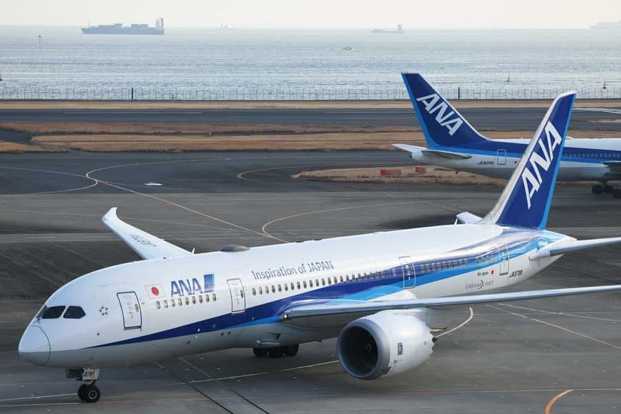 An ANA Boeing 787 aircraft on the tarmac, representing the vital air link to Hachijojima island.