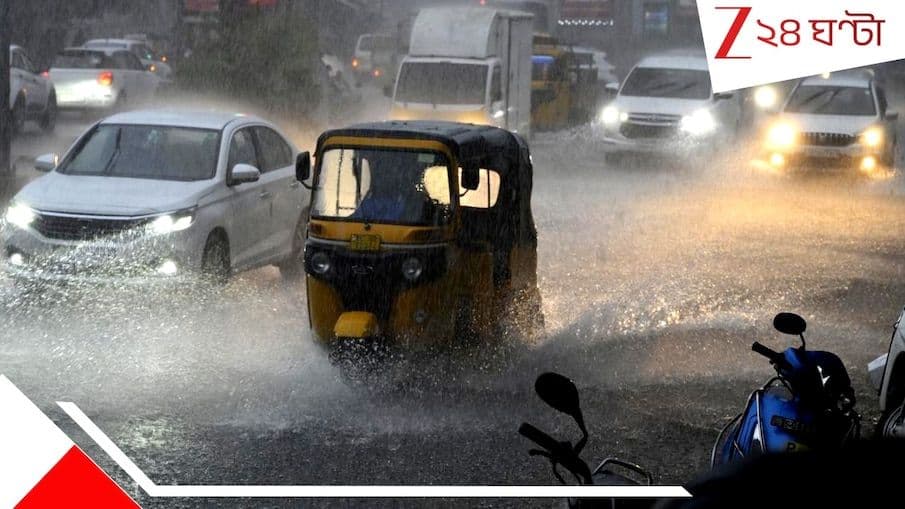 An auto-rickshaw and cars navigating a heavily waterlogged street during a monsoon downpour, illustrating urban challenges.