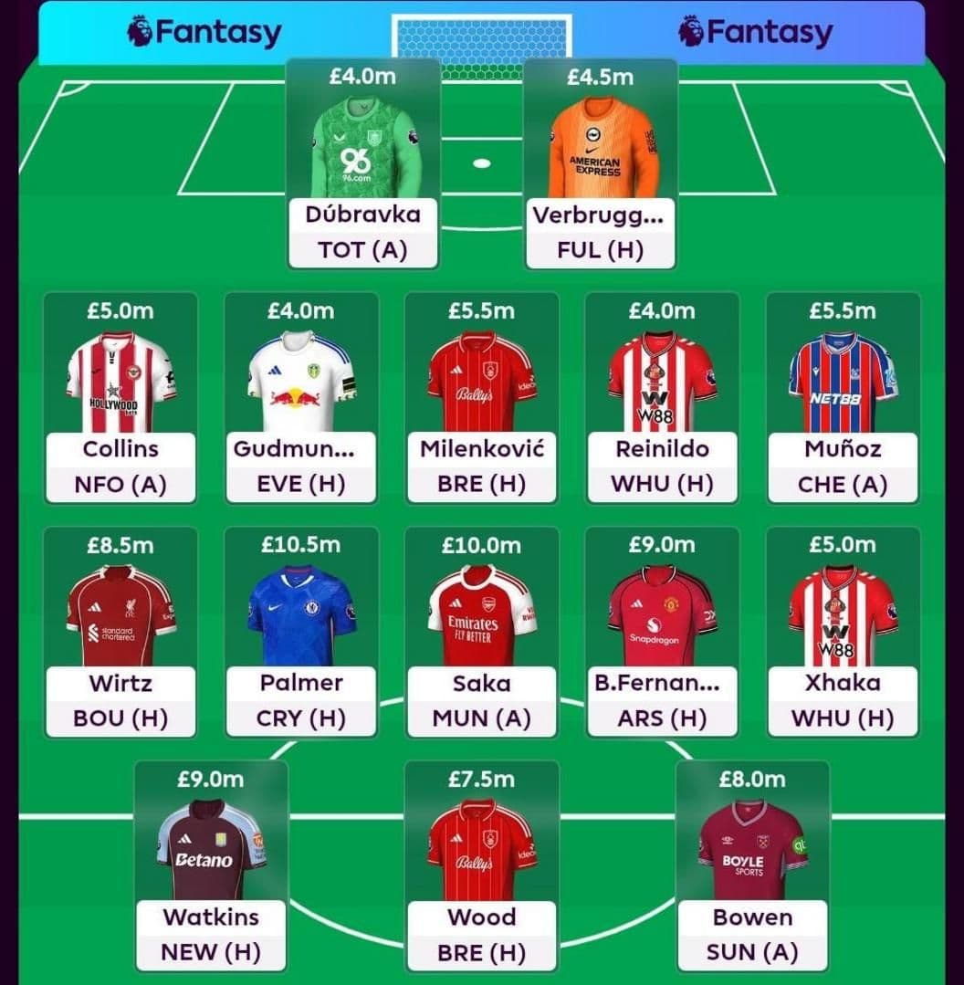 An example Fantasy Premier League draft team showing player selections and prices
