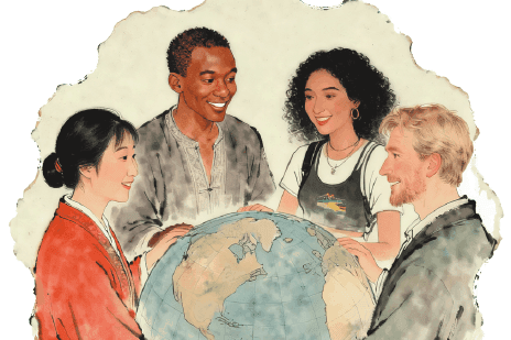 An illustration of diverse people from different continents gathered around a globe, symbolizing the SCO's unique approach to inclusive Eurasian integration and growth through consensus.