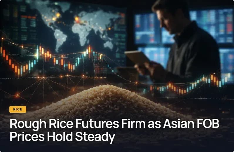 An illustration showing a pile of rice grains with abstract digital financial trading charts and market data overlays in the background.