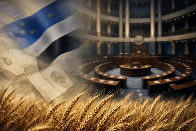 An illustration showing a wheat field in the foreground with an overlay of European Union-themed graphical elements and a government meeting chamber in the background.
