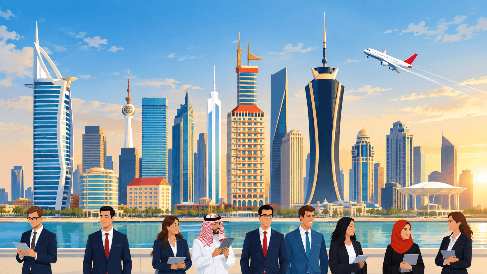 An illustrative depiction of modern Gulf city skylines and business professionals, symbolizing integrated trade and connectivity.