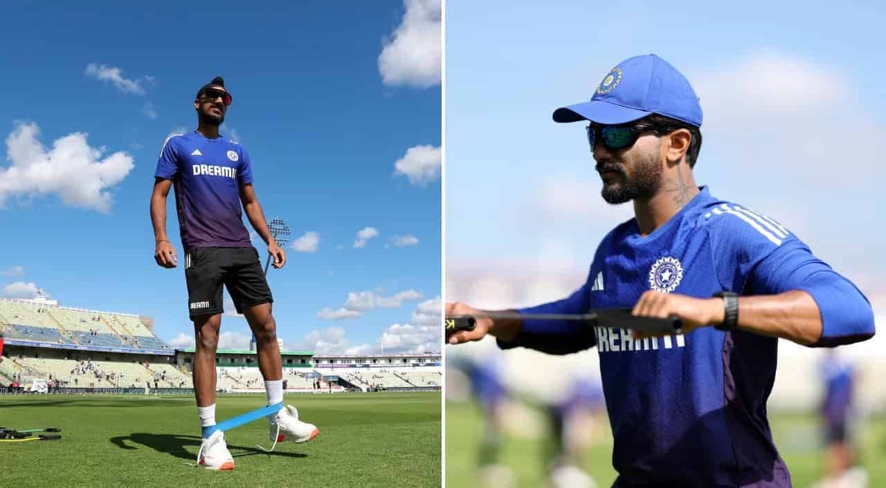An Indian fast bowler performing resistance band training on a cricket field.