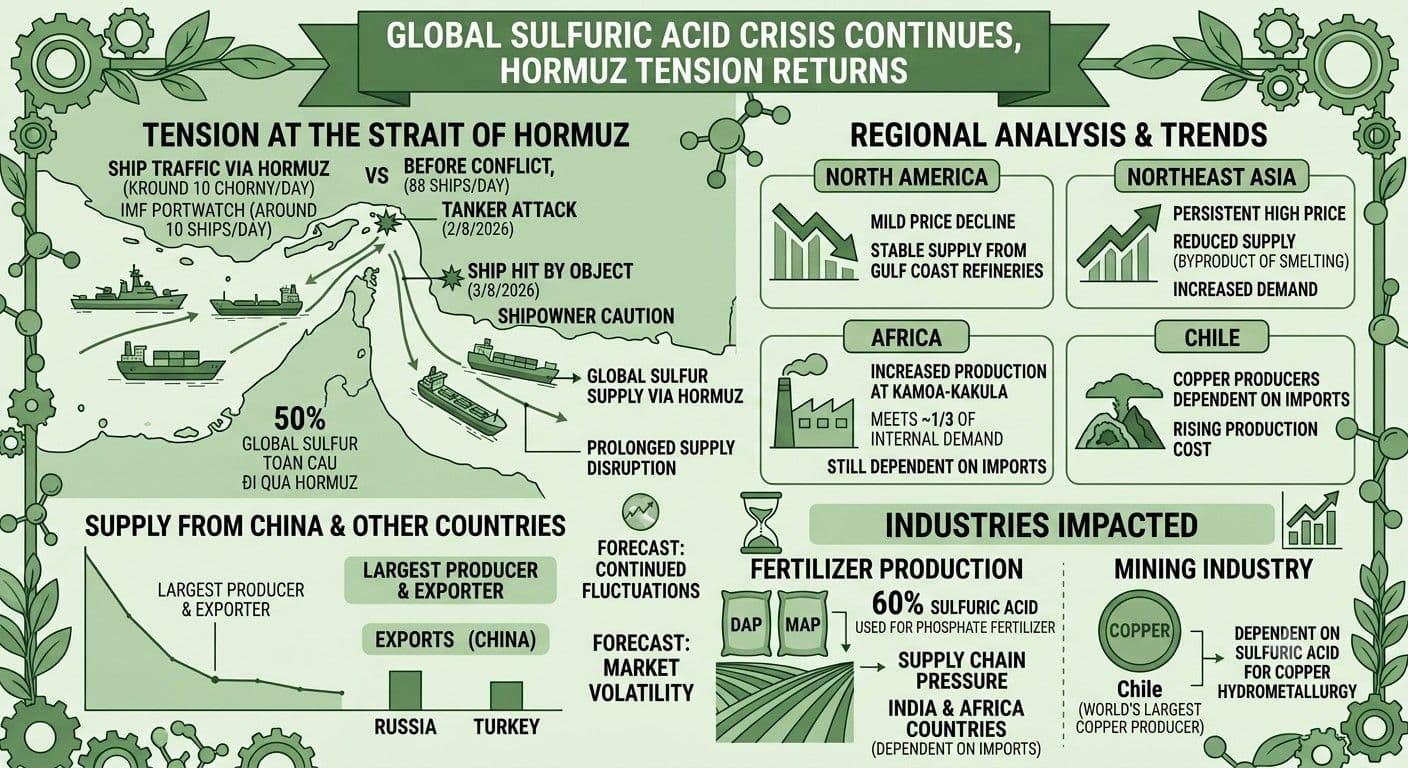 An infographic detailing the impacts of the Strait of Hormuz maritime shipping disruptions on global sulfur supply chains, fertilizer production, and regional market trends.