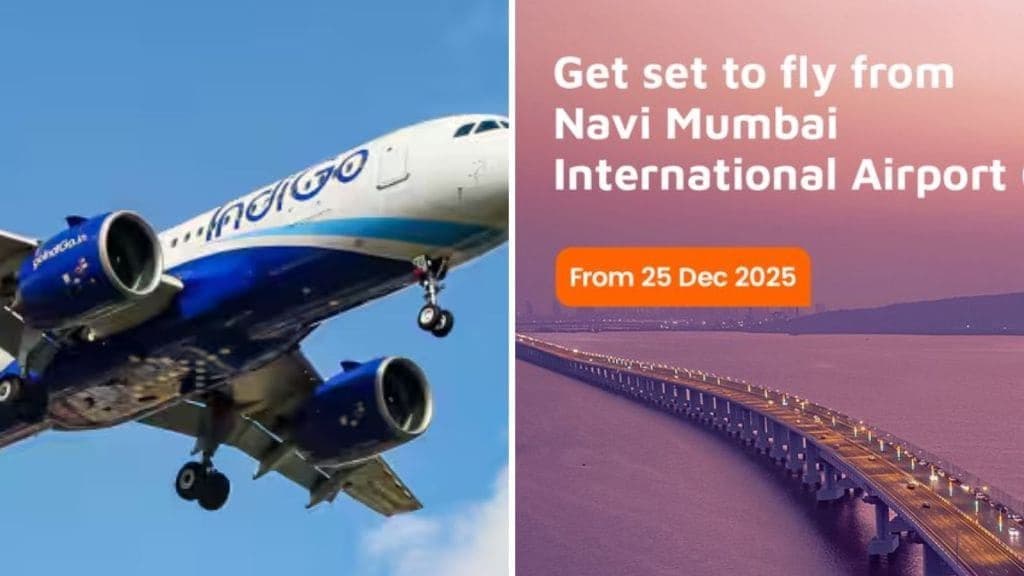 Avion IndiGo en vol et pont symbolisant la connectivité vers l'aéroport international de Navi Mumbai, dont les opérations débutent le 25 décembre 2025.