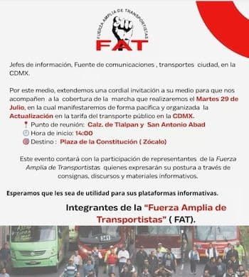 Avis de la Fuerza Amplia de Transportistas (FAT) détaillant la marche du 29 juillet à Mexico