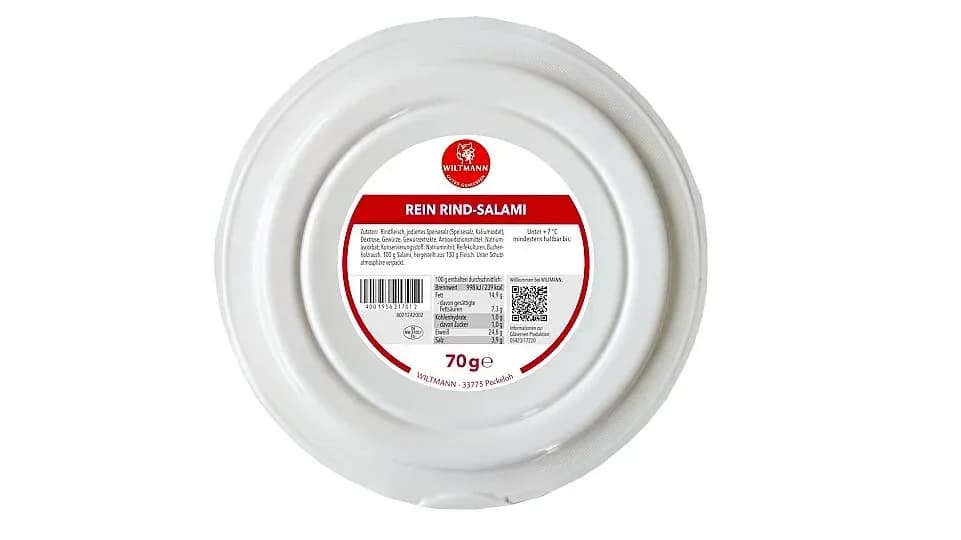 Back of Wiltmann Rein Rind Salami packaging showing best before date and batch number for recall identification.