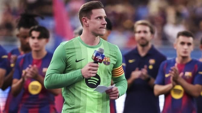 Barcelona goalkeeper Marc-André ter Stegen speaking, symbolizing player engagement and global brand cultivation.