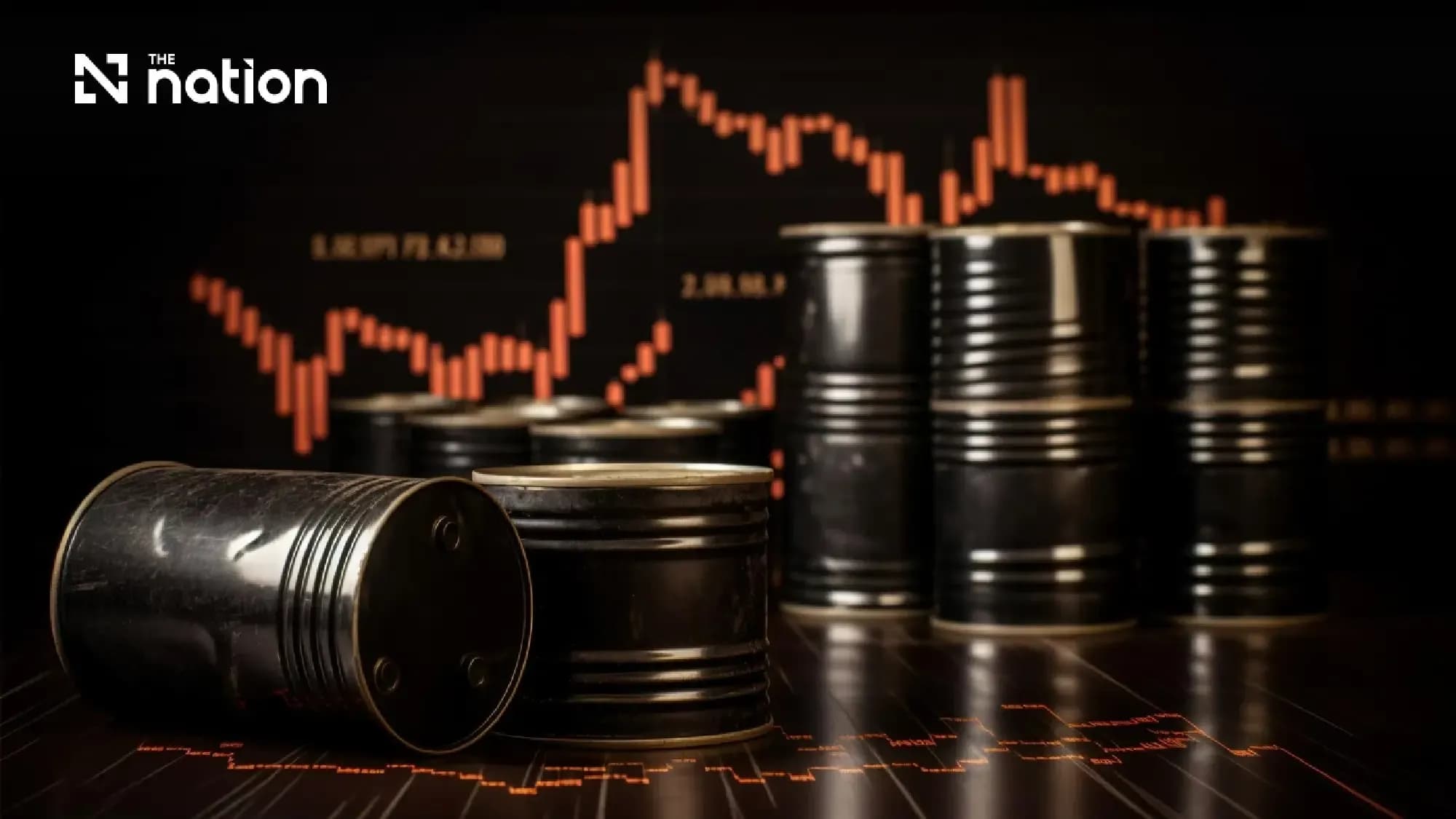 Barrels of oil arranged in front of a fluctuating financial market chart.