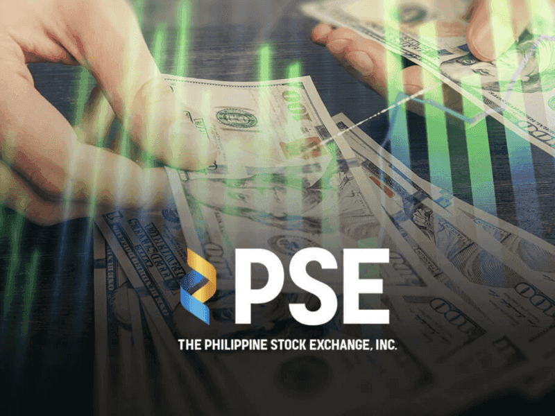 Billets de dollars américains et logo du PSE (Philippine Stock Exchange), symbolisant la solidité financière et la résilience économique.