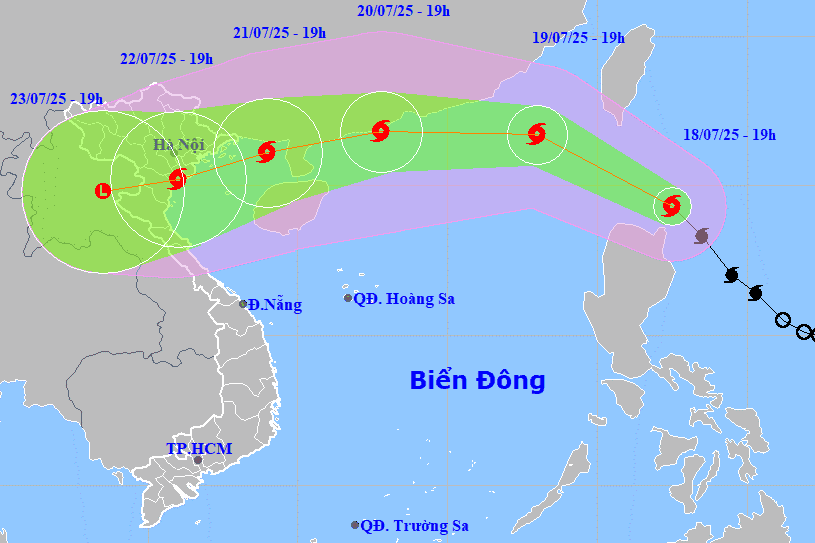 Bản đồ dự báo đường đi của bão Wipha và vùng mưa lớn dự kiến, nhấn mạnh nguy cơ lũ quét và sạt lở đất ở miền Bắc Việt Nam.