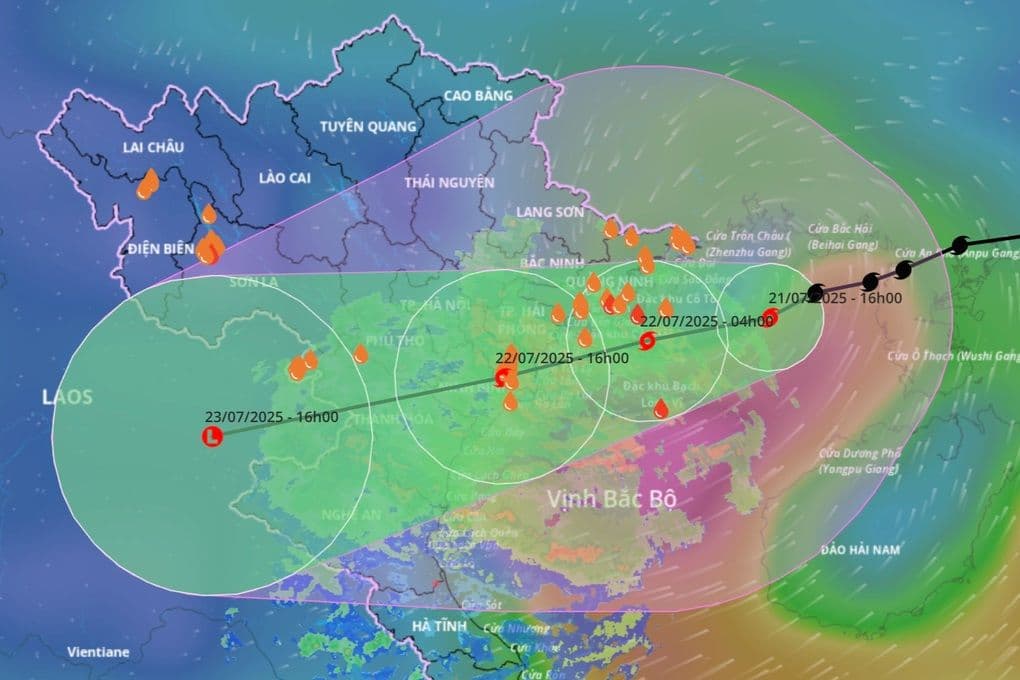 Bản đồ dự báo đường đi và vùng ảnh hưởng của bão Wipha tại Việt Nam.