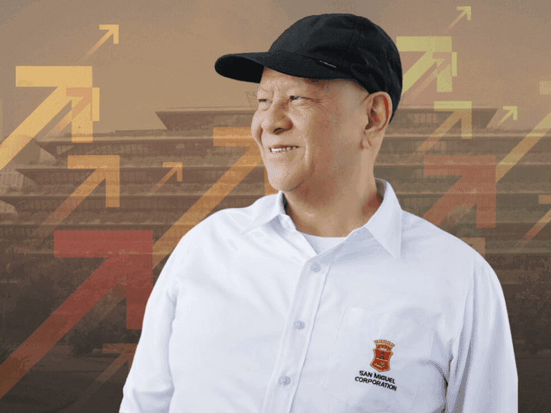 Businessman Ramon Ang in a San Miguel Corporation shirt with a building and upward arrows, symbolizing diversified growth of a Philippine conglomerate.