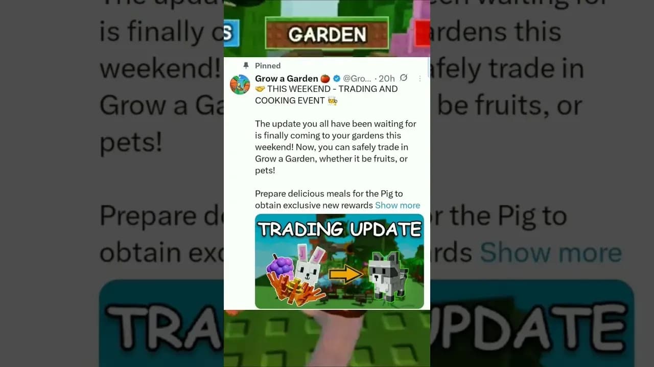Capture d'écran de l'annonce de la mise à jour 'Trading and Cooking' pour le jeu Roblox Grow a Garden, montrant des objets virtuels et des animaux.