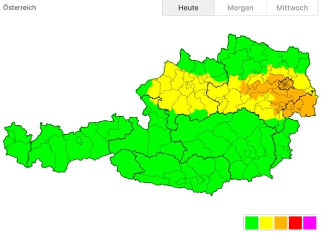 Carte d'alerte météo pour l'Autriche, indiquant des zones d'intempéries, en lien avec les inondations à Horn.