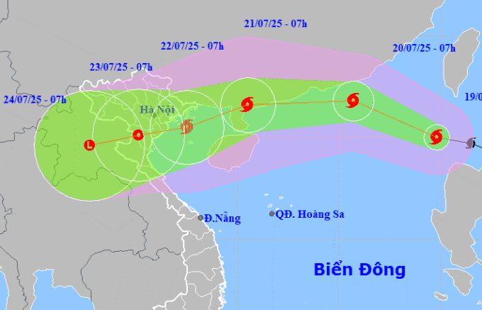 Carte de la trajectoire prévue du typhon Wipha et des zones d'impact au Vietnam.