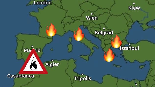Carte de l'Europe et de l'Afrique du Nord montrant des icônes de flammes sur l'Italie, la Grèce et d'autres régions méditerranéennes, indiquant des risques d'incendie liés à la crise climatique.