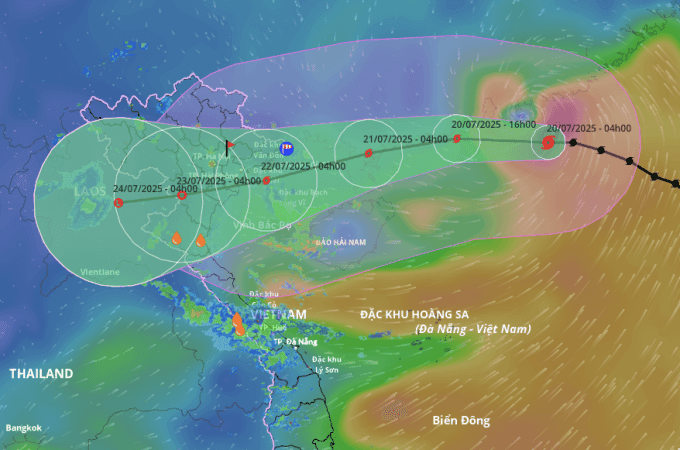 Carte de prévision de la trajectoire et de la zone d'impact du typhon Wipha au Vietnam.
