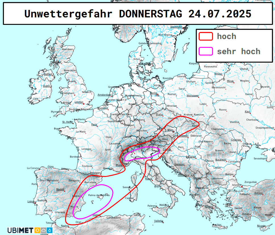 Carte de prévision des risques d'intempéries en Europe, soulignant les zones de danger élevé en Autriche.