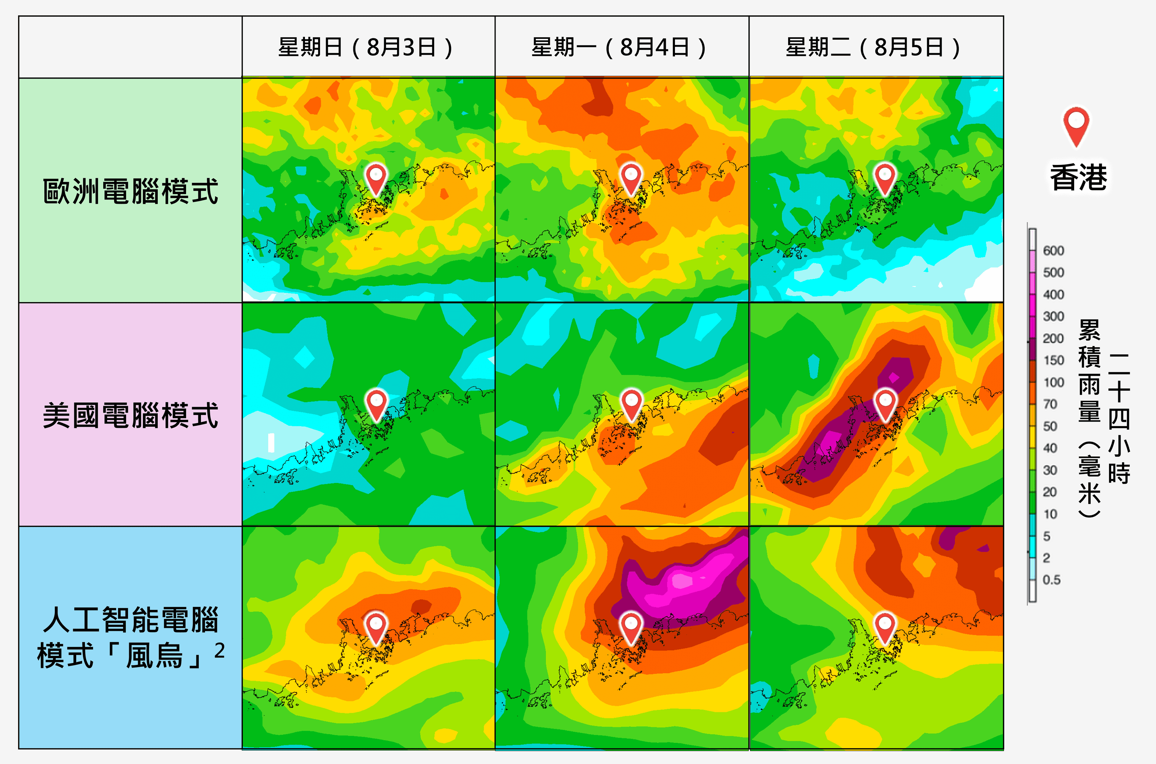 Carte de prévisions de pluie cumulée pour Hong Kong et la Chine du Sud, montrant les divergences entre les modèles météorologiques traditionnels et l'IA.