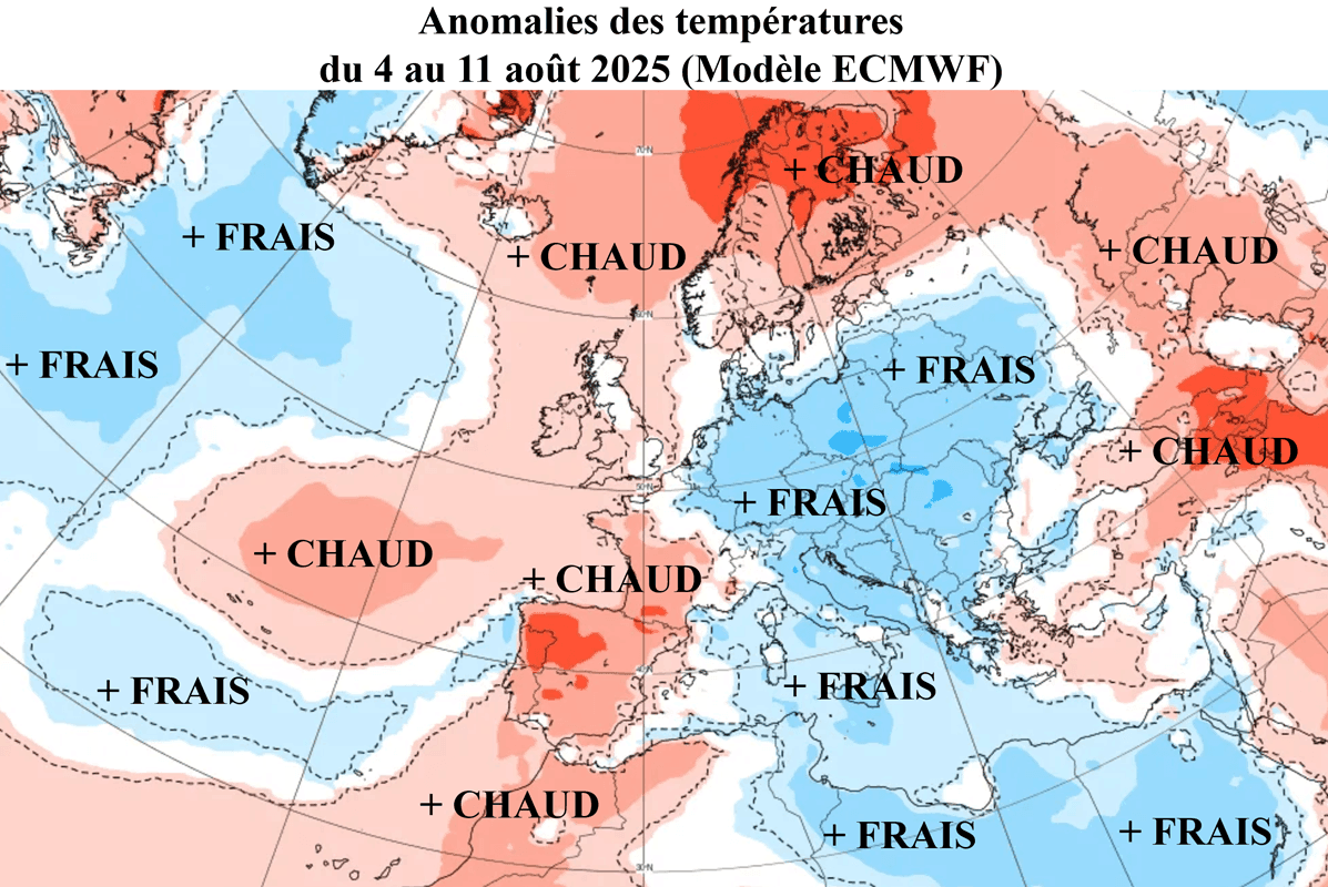 Carte des anomalies de températures en Europe du 4 au 11 août 2025, montrant des zones chaudes en rouge et des zones plus fraîches en bleu, avec la France majoritairement en zone chaude.