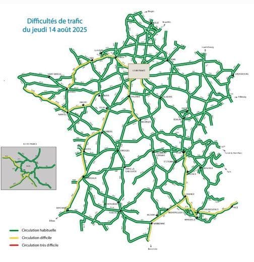 Carte des difficultés de circulation du jeudi 14 août 2025, soulignant la nécessité d'alternatives de transport.