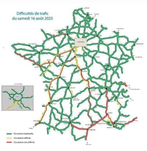 Carte des difficultés de circulation du samedi 16 août 2025, illustrant les défis actuels de la mobilité.