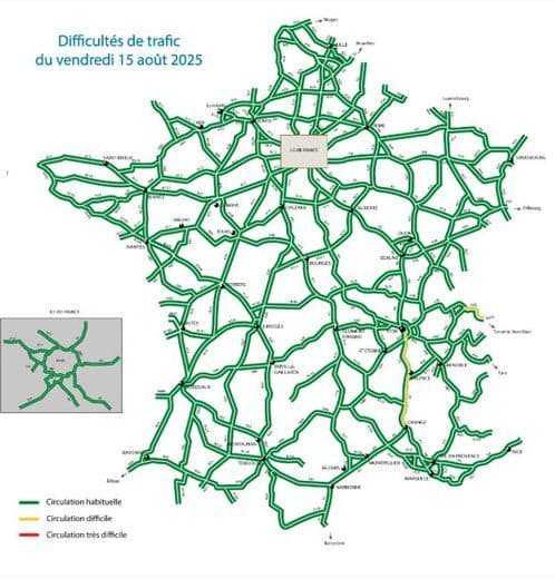 Carte des difficultés de circulation prévues pour le vendredi 15 août 2025 en France.