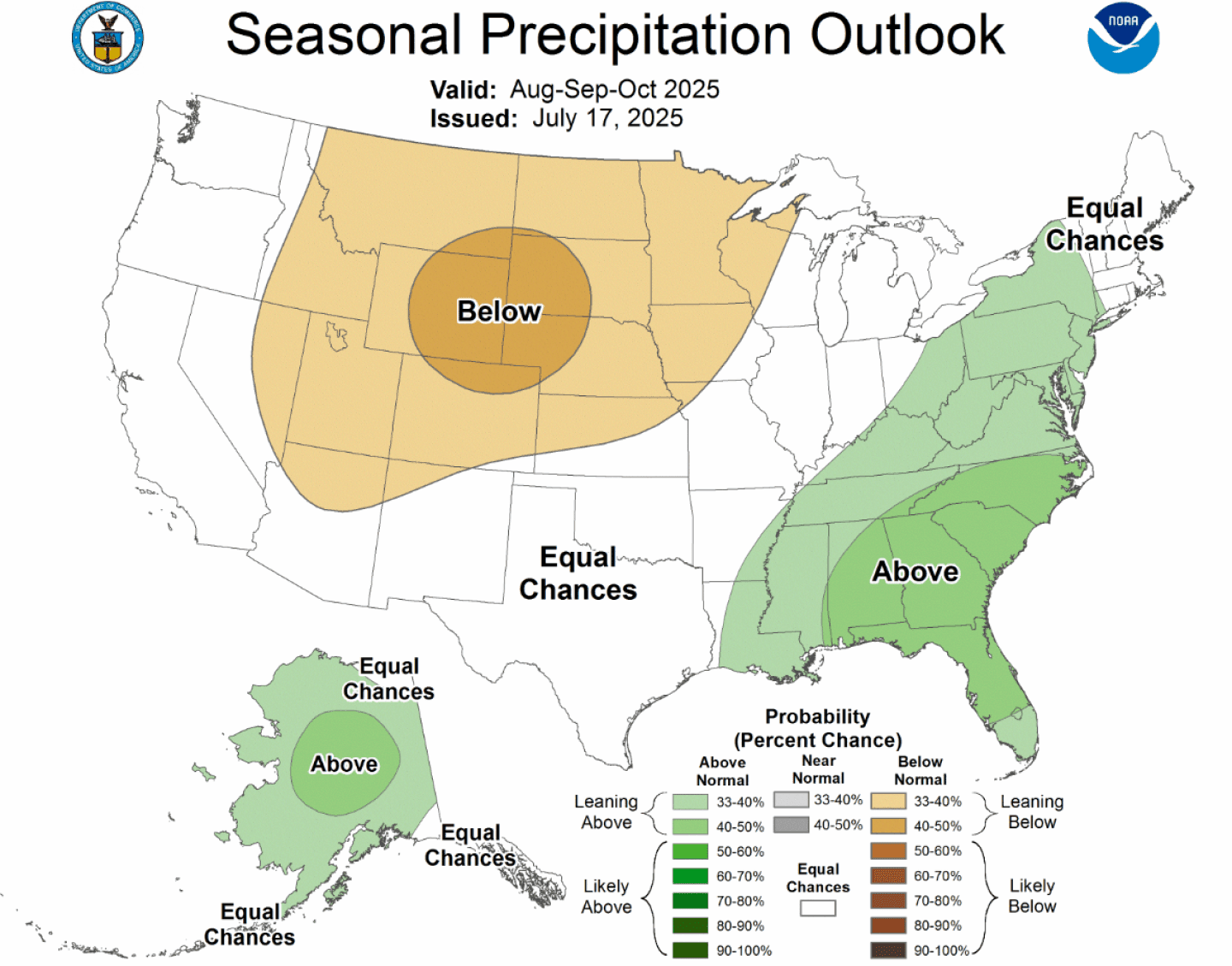 Carte des prévisions saisonnières de précipitations sur 90 jours pour les États-Unis, montrant les probabilités d'être au-dessus, en dessous ou près de la moyenne.