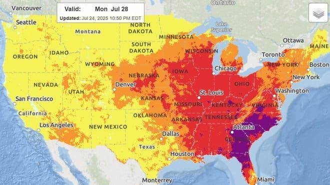 Carte des États-Unis affichant les zones de chaleur intense en juillet 2025, du centre au sud-est.