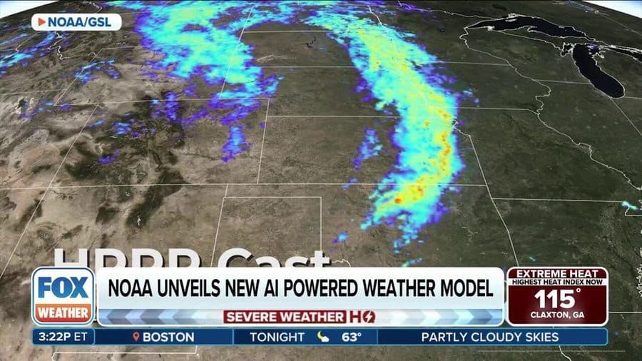 Carte des États-Unis montrant un système météorologique coloré, avec le logo NOAA et le texte 'NOAA DÉVOILE UN NOUVEAU MODÈLE MÉTÉO BASÉ SUR L'IA', symbolisant l'innovation en prévision météorologique par l'IA.