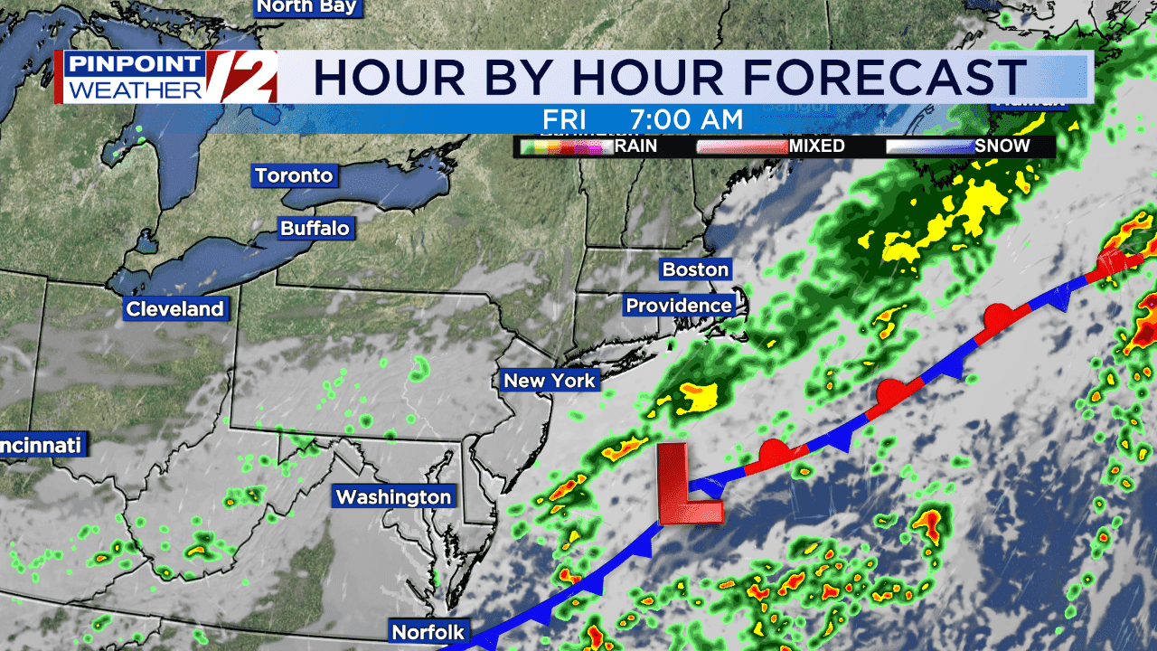 Carte météorologique affichant un front froid, des zones de pluie, de neige et de précipitations mixtes, illustrant la science des prévisions.