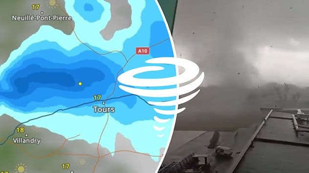 Carte météorologique de la France avec une zone de fortes précipitations et un symbole de tourbillon, à côté d'une image de ciel orageux, représentant l'instabilité atmosphérique.