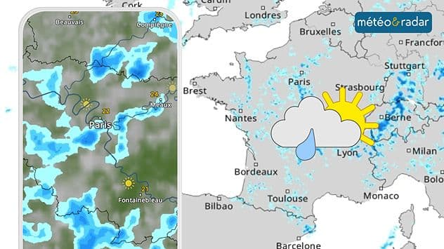 Carte météorologique de la France montrant des zones de pluie et un symbole de soleil et nuage, illustrant la diversité du temps estival.