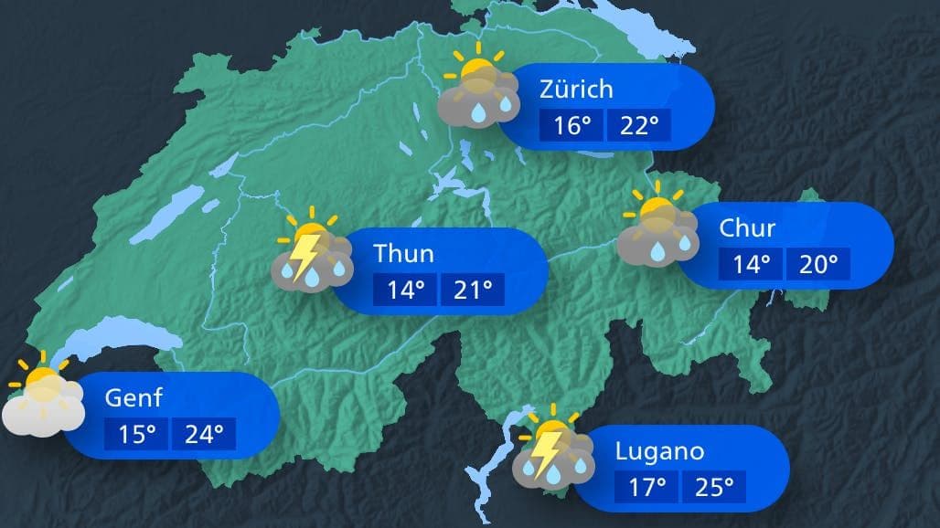 Carte météorologique de la Suisse avec les prévisions de température et de conditions (soleil, nuages, orages) pour plusieurs villes.