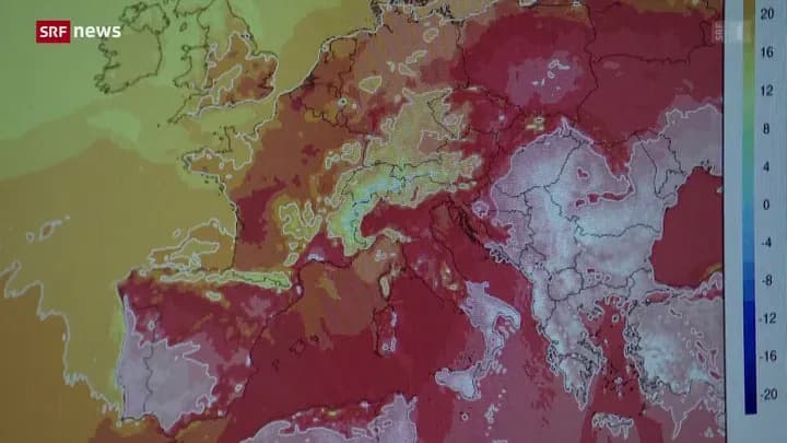 Carte météorologique de l'Europe montrant l'Italie avec le sud en rouge vif indiquant une canicule et le nord en couleurs plus froides, illustrant le contraste climatique.