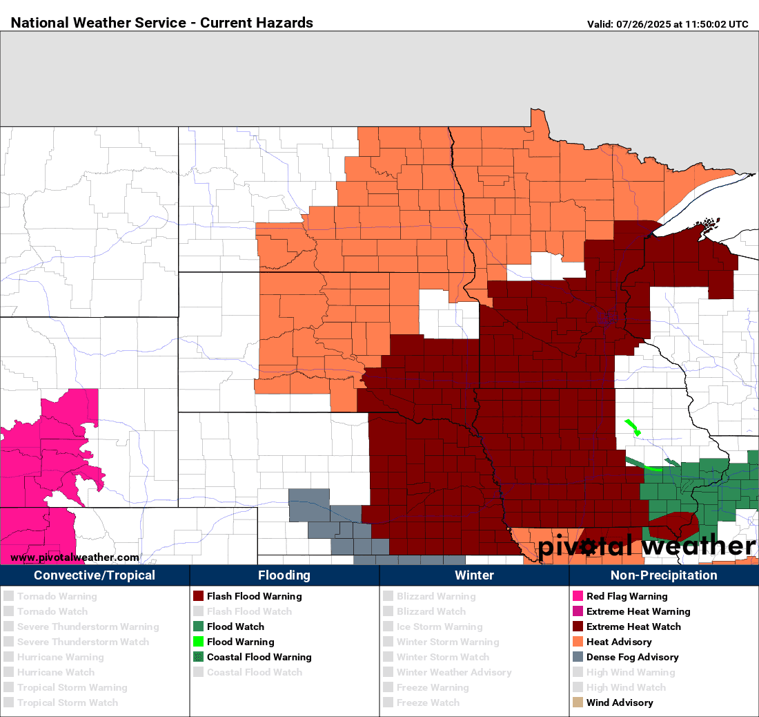 Carte météorologique des alertes de chaleur, montrant des zones en orange pour 'Heat Advisory' et en rouge foncé pour 'Extreme Heat Warning', avec la légende des dangers actuels.