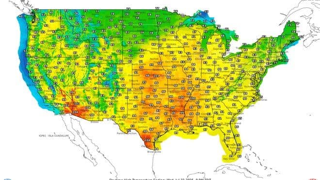 Carte météorologique des États-Unis affichant des températures élevées et une canicule intense, avec des zones rouges et oranges.