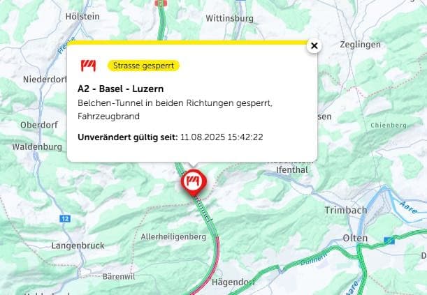 Carte routière affichant la fermeture du Belchentunnel dans les deux sens suite à l'incendie du véhicule.