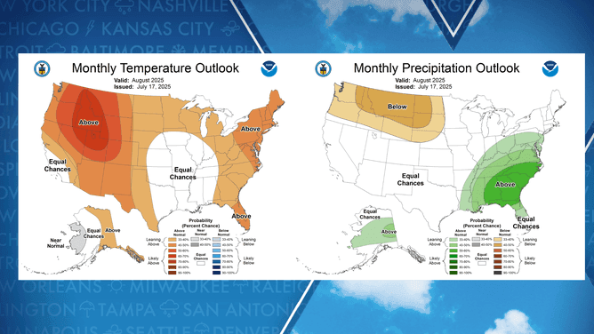 Cartes des prévisions de température et de précipitations pour le mois d'août aux États-Unis, montrant les zones au-dessus, en dessous ou avec des chances égales de moyenne.