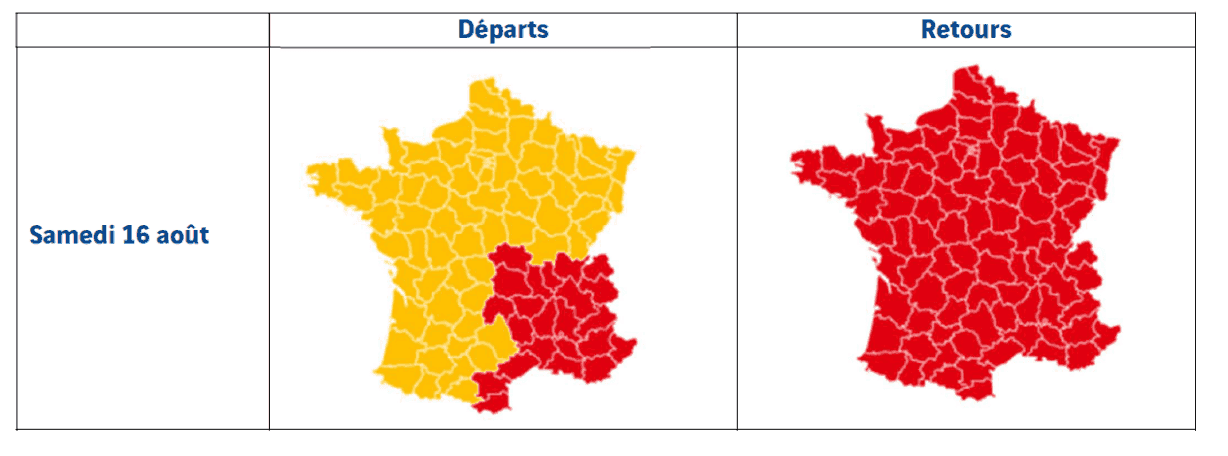 Cartes des prévisions de trafic Bison Futé pour les départs et retours du samedi 16 août, fournies par VINCI Autoroutes.