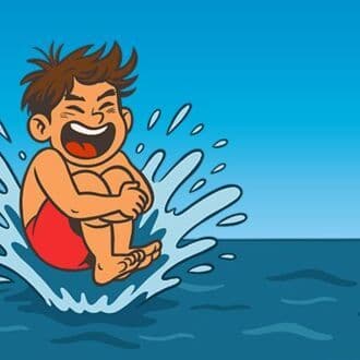 Cartoon illustration of a boy doing a cannonball dive into water, symbolizing public recreational access to lakes like Mondsee.