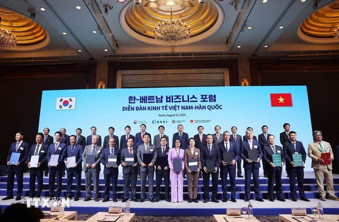 Các lãnh đạo và doanh nghiệp Việt Nam, Hàn Quốc tại Diễn đàn Kinh tế Việt Nam-Hàn Quốc, thể hiện sự hợp tác chiến lược trong công nghệ.