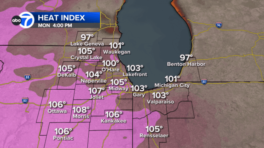 Chicago area heat index map showing forecast temperatures up to 109 degrees.