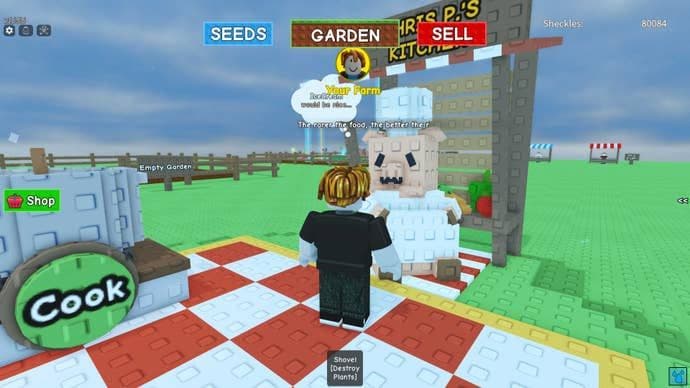 Chris P. Bacon, the chef pig NPC, standing in his kitchen area in Grow a Garden.