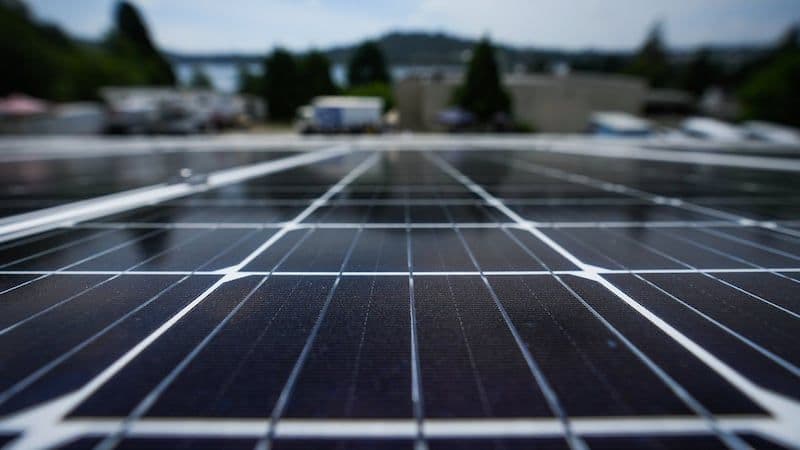 Close-up of solar panels, symbolizing Mark Carney's vision for Canada's future in the green economy and sustainable trade.