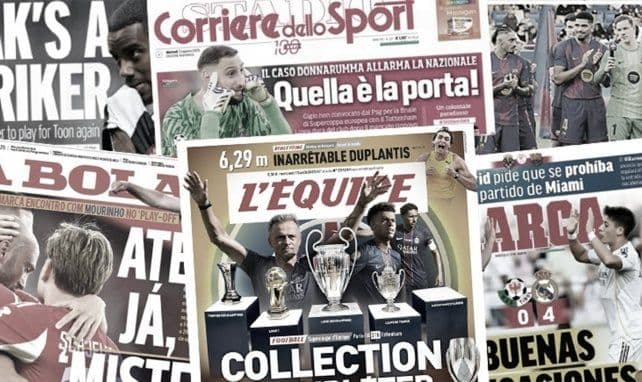 Collage de gros titres de journaux, dont un sur Donnarumma, symbolisant le tumulte de son départ du PSG.