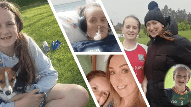 Collage de photos de Féile O'Sullivan, incluant une photo d'elle souriante avec un chien, une photo d'elle dans un lit d'hôpital, et une photo d'elle en tenue de sport avec sa mère.